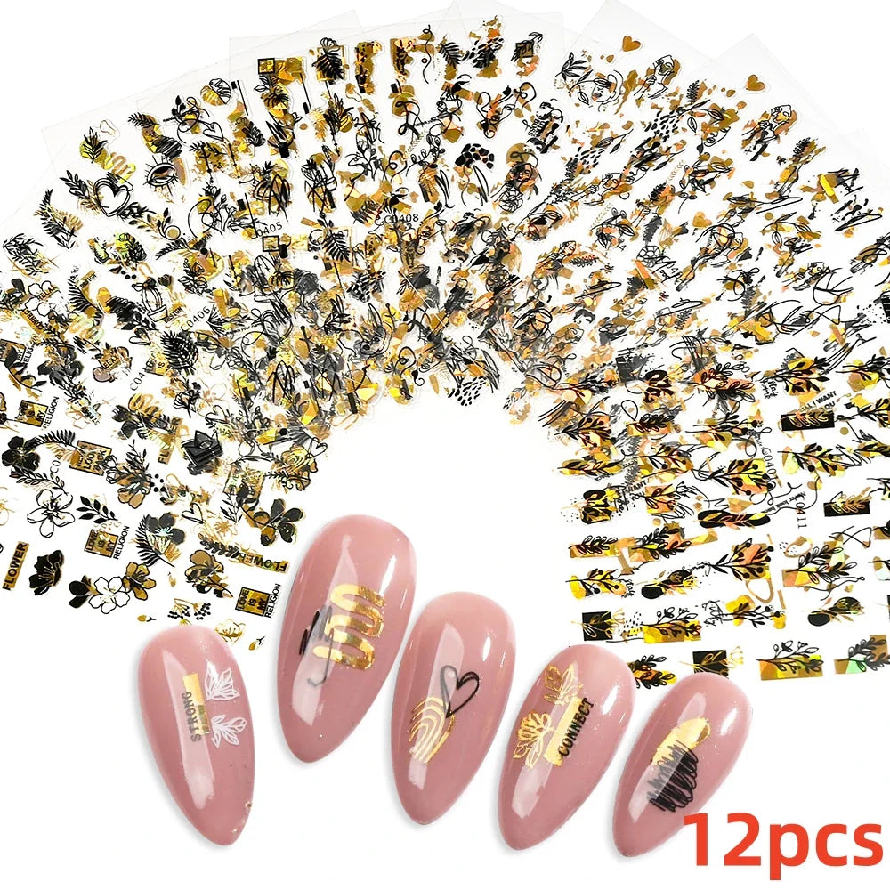 12Pcs 3D Golden Red Glitter Heart Love Nail Sticker Valentine Self Adhesive Cartoon Decal Geometry Lines Stripe Slider Manicure* (ONLINE ORDER ONLY)