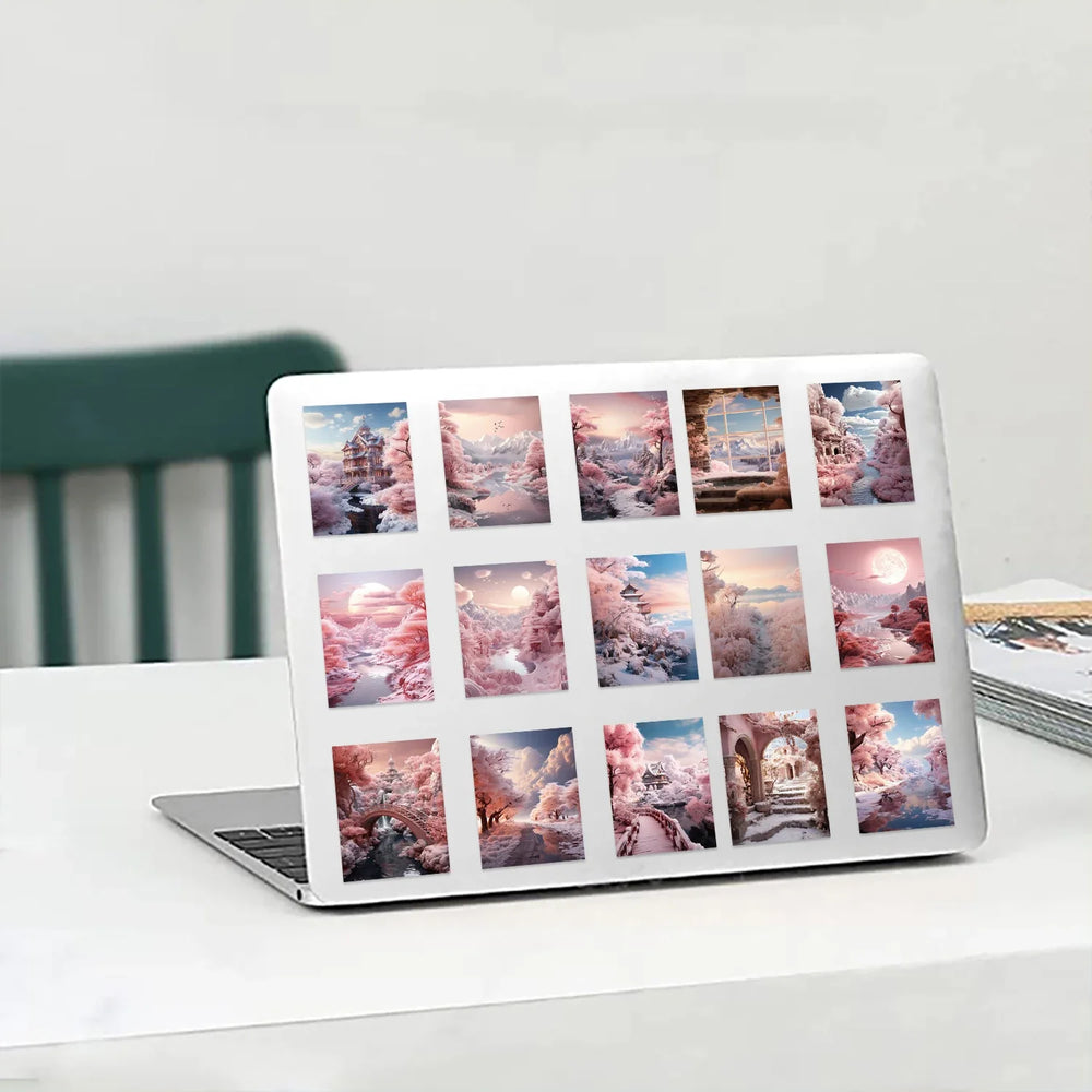 50PCS INS Landscape Pink Painting Stickers Vsco Vinyl Aesthetic Stickers for Water Bottles Waterproof Sticker for Kids Girl (Online Order Only)