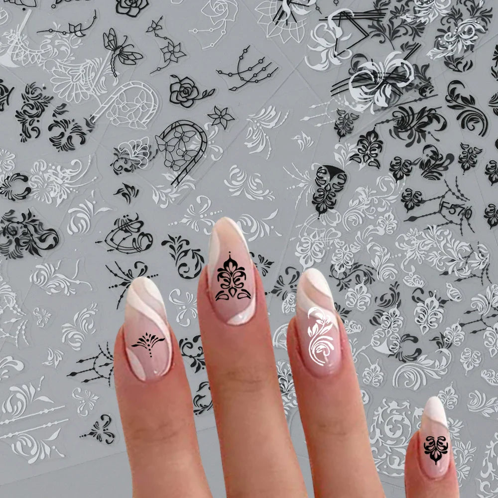 1PC Lace Flower Leaf Nail Sticker Geometric Line Leaf Floral Nail Art Decal Abstract Elegant Black White Pattern Nail Decoration (ONLINE ORDER ONLY)
