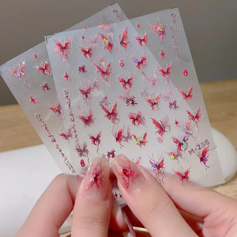1pc Dark Red Butterfly Nail Art Stickers Retro Luxury Self Adhesive  Slider Holographic Glitter DIY 3D Nail Art Decal Decoration (ONLINE ORDER ONLY)