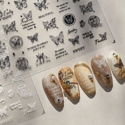Flower Bowknot Butterfly Plant Leaf English Letter Rose Hand Drawn Embossed Relief Self Adhesive Nail Art Sticker Manicure Decal (ONLINE ORDER ONLY)