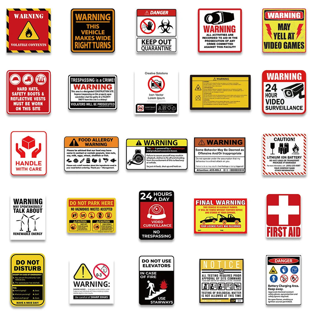 10/40/75pcs Funny Warning Stickers Danger Banning Signs Reminder Decals Skateboard Car Laptop Motorcycle Cool Waterproof Sticker (Online Order Only)