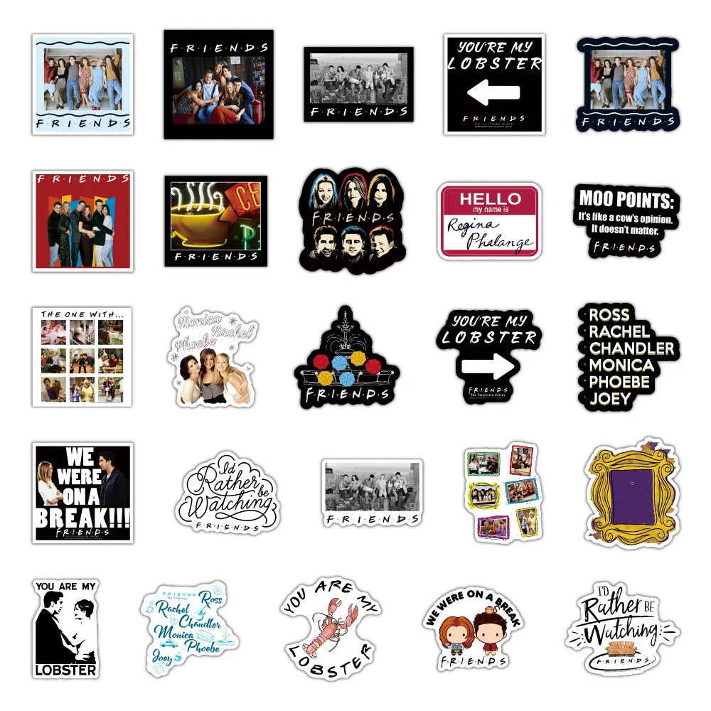 10/30/50PCS Friends TV Show Stickers Vintage Cartoon Decals Toys DIY Scrapbooking Phone Laptop Guitar Bike Stickers Kids Gifts (ONLINE ORDER ONLY)