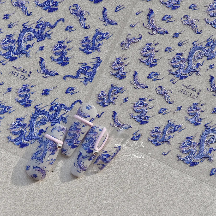 Retro Embroidered Dragon Red Pink Blue White Porcelain Chinese 3D Embossed Relief Self Adhesive Nail Art Stickers Manicure Decal (ONLINE ORDER ONLY)
