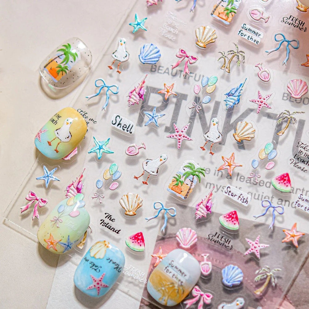 Summer Beach Bikini Watermelon Duck Cat Ice Cream Shell Coconut Tree Cherry Starfish Sunglasses Nail Art Sticker Manicure Decals (ONLINE ORDER ONLY)