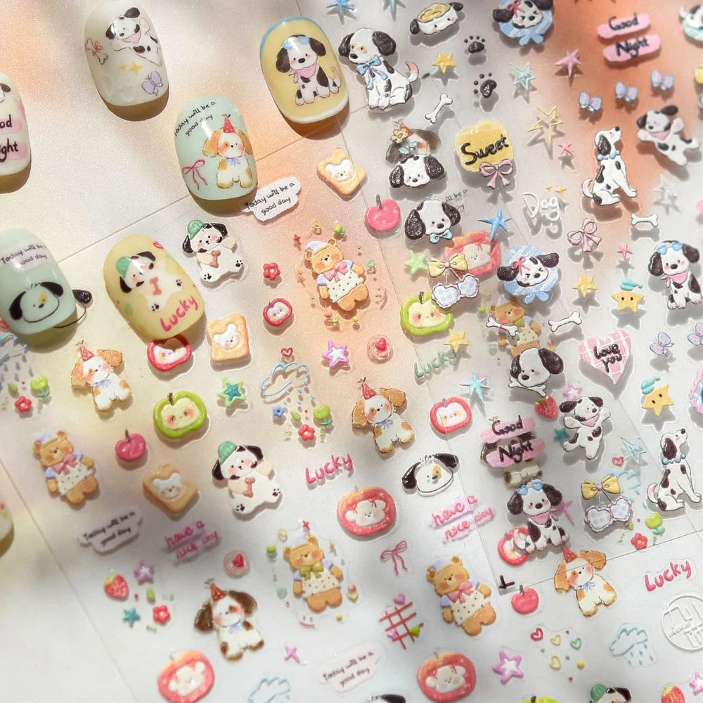 Cute Bear Star Dog Bowknot Love Heart Good Night Bone Bread Flower Self Adhesive Nail Art Decorations Stickers Manicure Decals (Online Order Only)