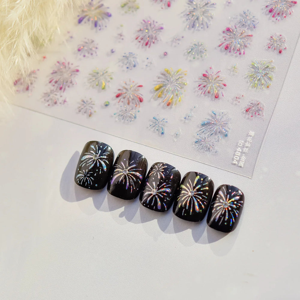 Colorful Fireworks Burst Hot Stamping Process Laser Pink Bright Romantic Self Adhesive Nail Art Stickers Chic Manicure Decals (ONLINE ORDER ONLY)