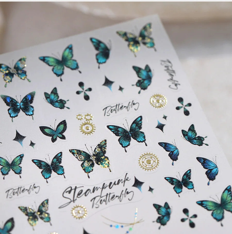 Steam Punk Butterfly Gear Green Star Gold Stamping Self Adhesive Nail Art Decoration Stickers Illusion Polarized Manicure Decals (ONLINE ORDER ONLY)
