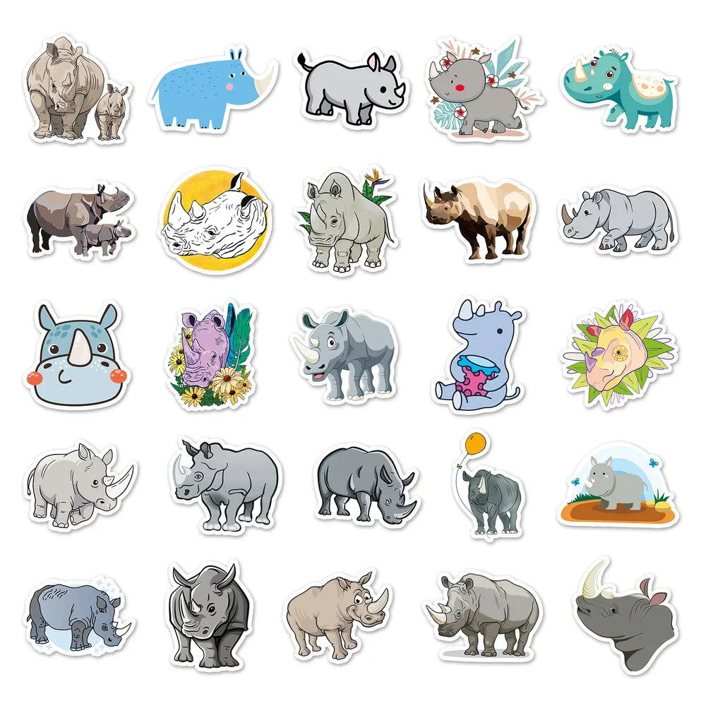 10/50pcs/Pack Lovely Rhino Cartoon Animal Stickers Waterproof Skateboard Motorcycle Guitar Luggage Laptop Bicycle Sticker Toys (ONLINE ORDER ONLY)