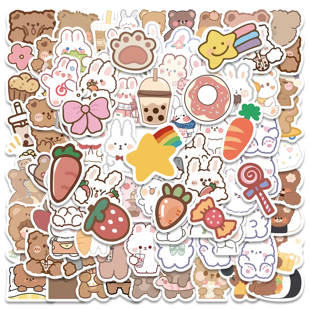 90PCS Cartoon Bunny Bear Stickers for Laptop, Guitar, Luggage, Skateboard, Kids Toys (ONLINE ORDER ONLY)