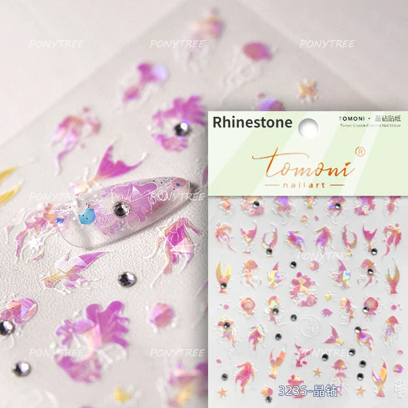 Lotus Leaf Brocaded Carp Koi Playing Goldfish Cavort Ripple Droplet Water Bubbles Self Adhesive Nail Art Stickers Manicure Decal (Online Order Only)