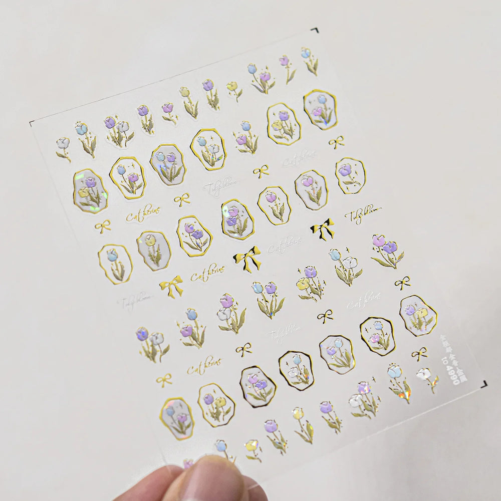 Golden Border Tulip Bloom Flower Bowknot Geometric Frame Metal Workmanship Charming Adhesive Nail Art Sticker Manicure Decals (ONLINE ORDER ONLY)