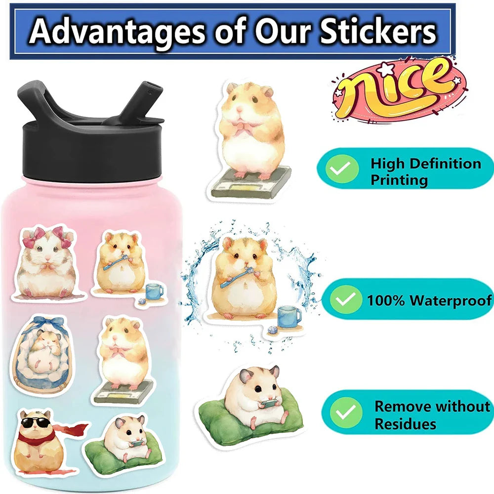 55pcs Hello Cute Hamster Stickers Suitcase Skateboard Guitar DIY Laptop Waterproof Sticker Aesthetic PVC School Stationery ﻿ (Online Order Only)