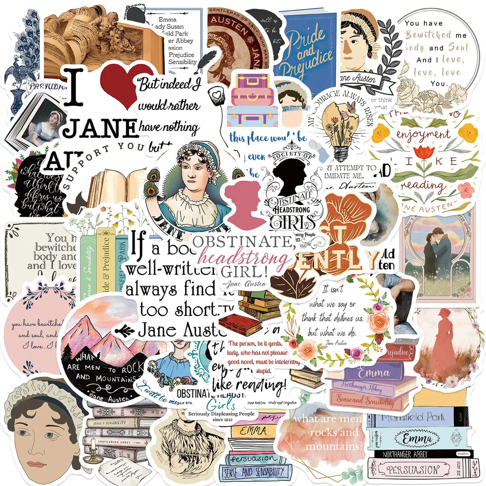 50pcs Novelist Jane Austen Stickers For Scrapbook Phone Laptop Suitcase Guitar Stationery Car Graffiti Sticker Novel Decals DIY (ONLINE ORDER ONLY)