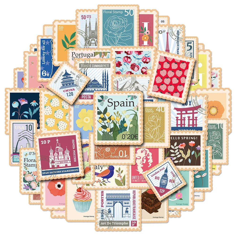 Retro Flower Stamp Stickers 10/30/50pcs Scrapbook Laptop Suitcase Kids Toys (ONLINE ORDER ONLY)