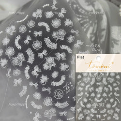 Retro White Lace Fabric Piece Bowknot English Letter Decorative Border Irregular Cloth Block Adhesive Nail Art Stickers Decals (ONLINE ORDER ONLY)