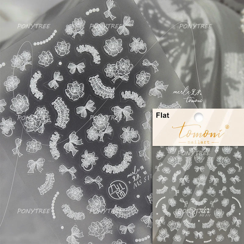 Dreamy Lace Rose Flower Fabric Art Tender Gauze Gird Pearl Pendant Irregular Pattern Nail Art Stickers Decoration Manicure Decal (ONLINE ORDER ONLY)