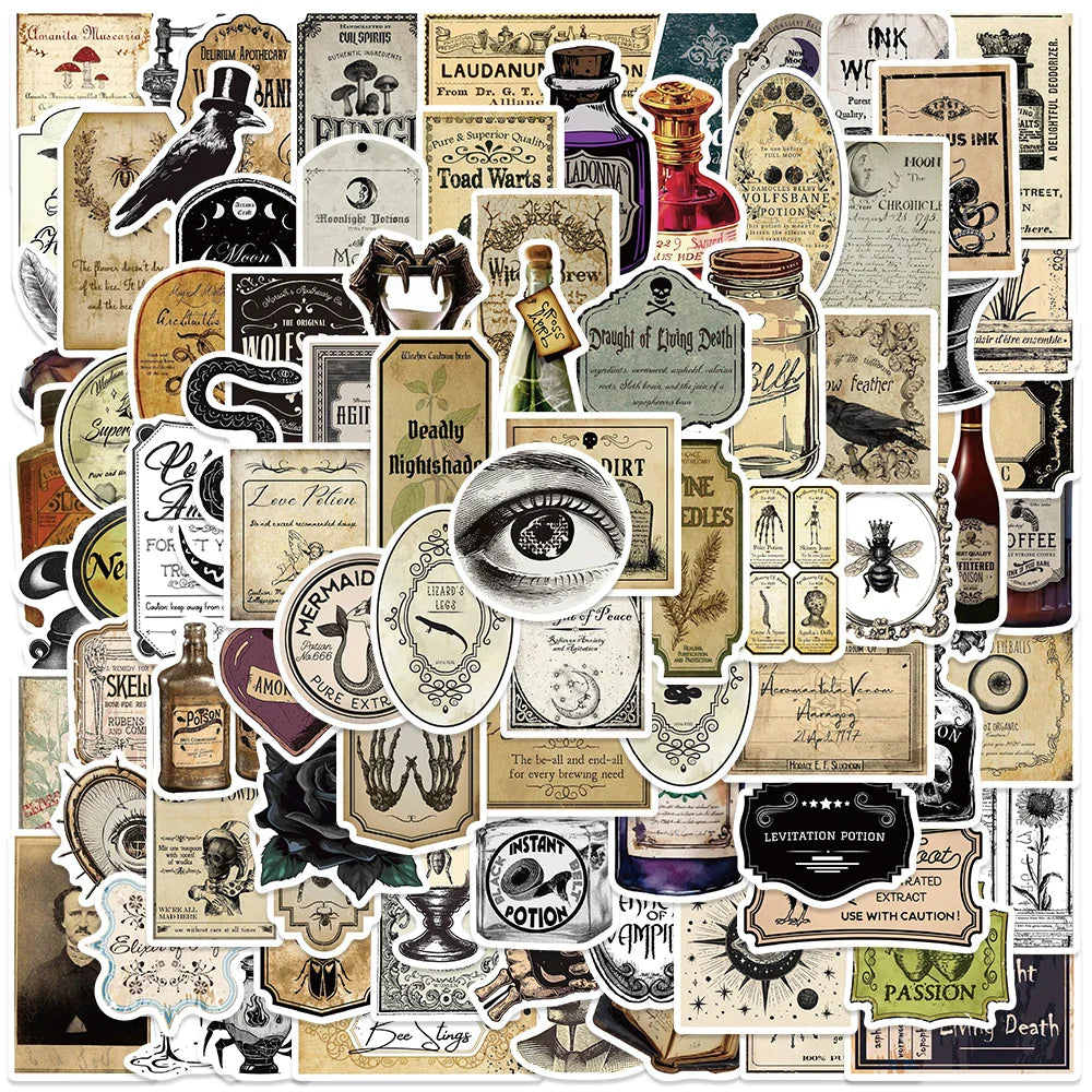 50/100pcs Retro Gothic Apothecary Potion Label Stickers Water Bottle Laptop Stickers Luggage Notebook Skateboard Vinyl Decals (ONLINE ORDER ONLY)