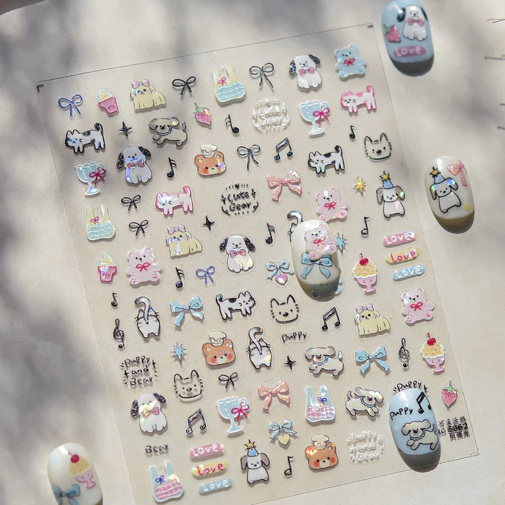 Lovely Animals Cat Dog Bear Party Puppy Kitten Cake Bowknot Flower Love Heart Lace Gird Adhesive Nail Art Sticker Manicure Decal (ONLINE ORDER ONLY)