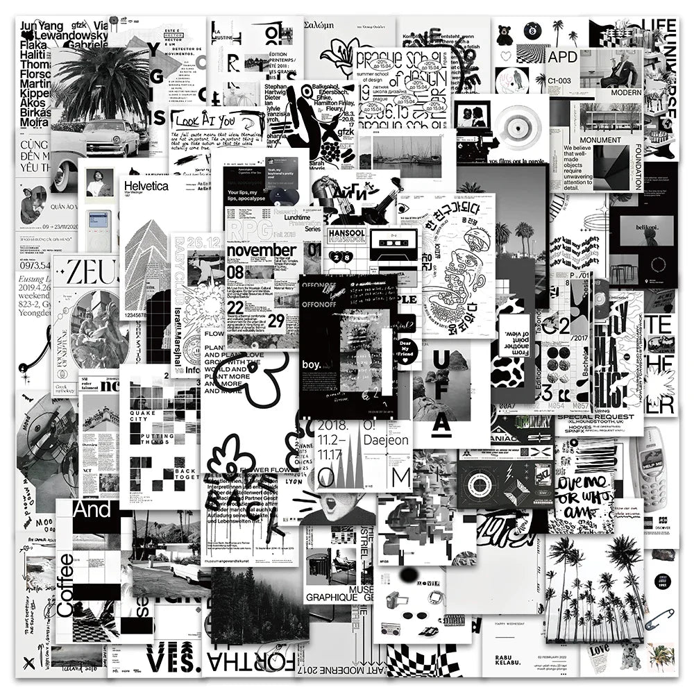 60pcs Black and White Aesthetic Art Stickers For Luggage Guitar Phone Vinyl Waterproof Graffiti Laptop Decals (ONLINE ORDER ONLY)