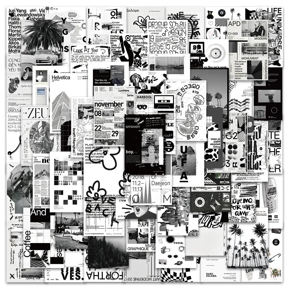 60pcs Black and White Aesthetic Art Stickers For Luggage Guitar Phone Vinyl Waterproof Graffiti Laptop Decals (ONLINE ORDER ONLY)