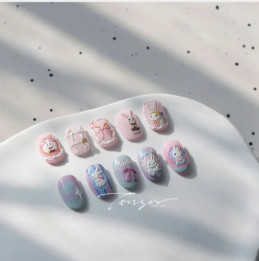 Cute Rabbit Fan Peach Blossom Teacup Lollipop Strawberry Star Cherry Hat Soft Embossed Adhesive Nail Art Stickers Manicure Decal (ONLINE ORDER ONLY)