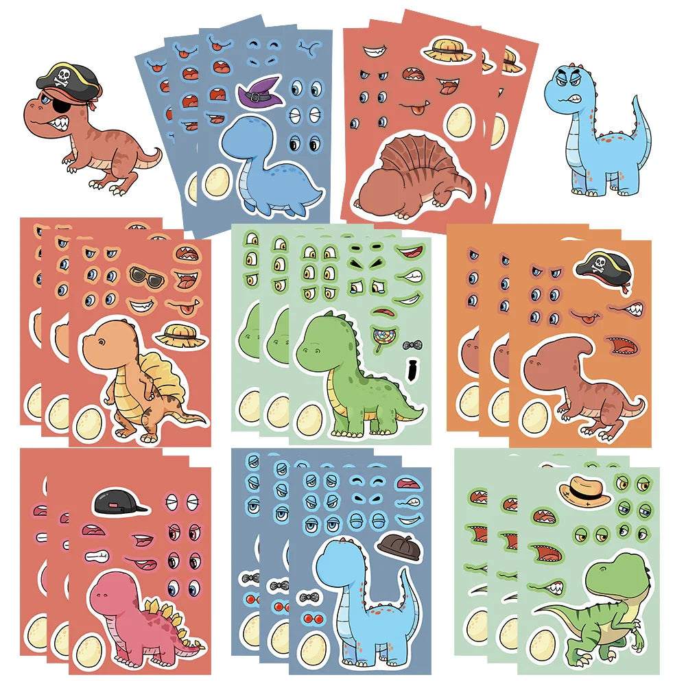 8/16Sheets Cute Dinosaur Puzzle Stickers Make-a-Face Games Toy Create Your Own DIY Funny Cartonn Assemble Jigsaw Children Gift (ONLINE ORDER ONLY)