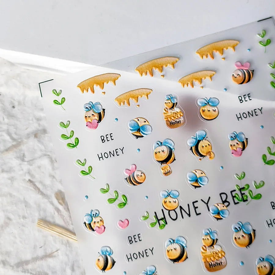 Cute Bee Honey Jar Daisy Flowers Gather Honey Pot Love Heart Green Leaves Reliefs Self Adhesive Nail Art Stickers Manicure Decal (ONLINE ORDER ONLY)