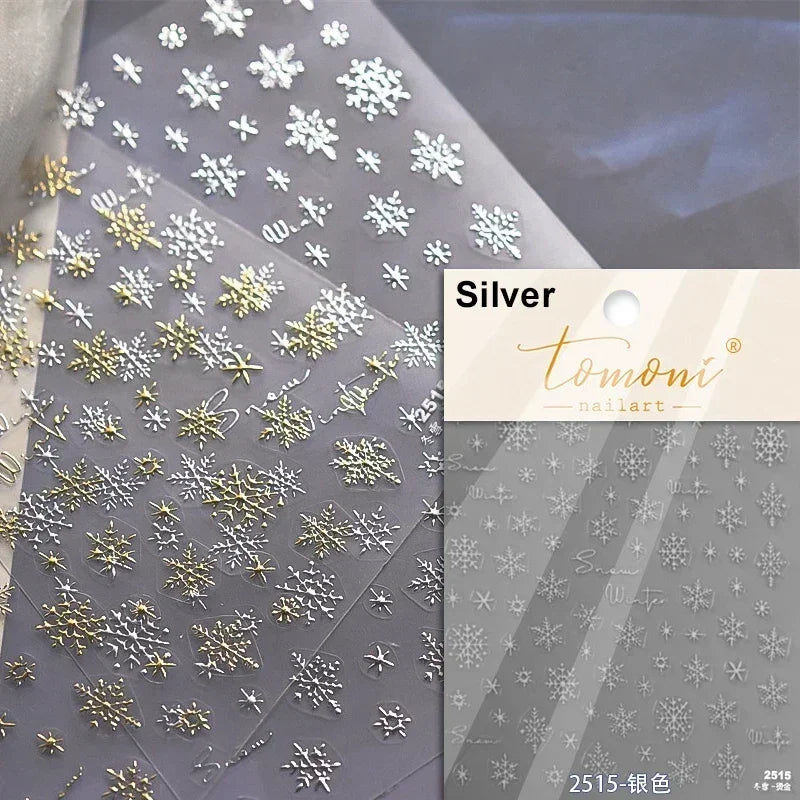 Winter Christmas Crystal Delicate Hexagon Romantic Laser Silver Chic Snowflakes Self Adhesive Nail Art Sticker 5D Manicure Decal (ONLINE ORDER ONLY)
