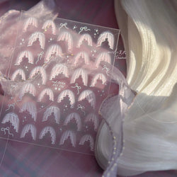 French Skirt Hem Halo Dyeing Purple Pink White Hemline Bowknot Wedding Veil Dreamy Star Adhesive Nail Art Sticker Manicure Decal (ONLINE ORDER ONLY)