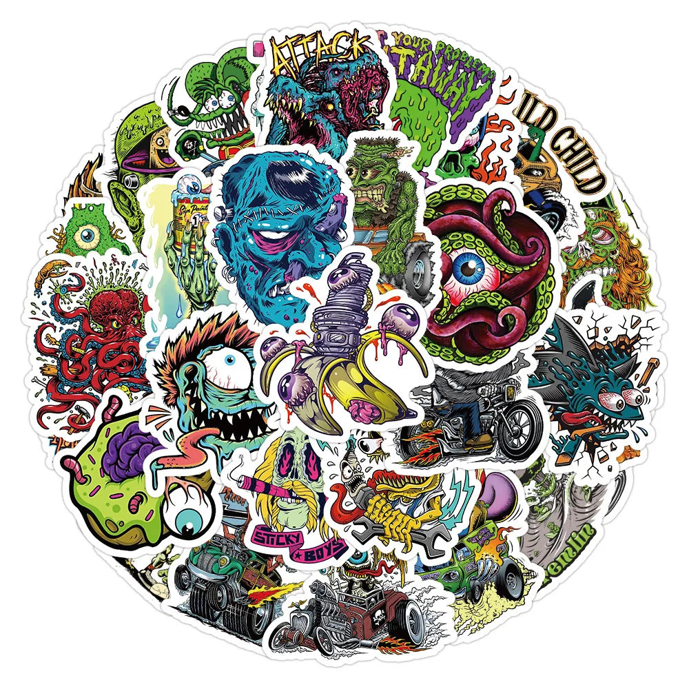 10/50PCS Funny Horror Liquid Monster Stickers Cool Graffiti Decoration DIY Skateboard Scrapbook Phone Laptop Car Decals Toys (Online Order Only)
