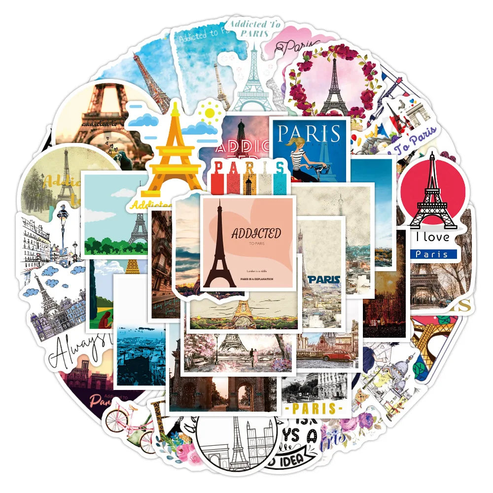 10/30/50PCS Paris Landscape Famous Buildings Stickers Decal Decorative DIY Phone Motorcycle Laptop Toy PVC Waterproof Sticker (ONLINE ORDER ONLY)