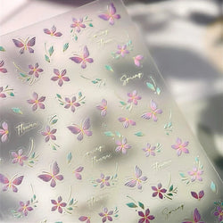 Charming Pink Purple Embroidery Gradual Butterfly Flowers Green Leaf 5D Tender Self Adhesive Nail Art Stickers Manicure Decals (ONLINE ORDER ONLY)