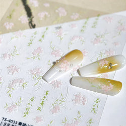 Mountain Flower Peach Blossom Vibrant Flowers Green Leaves Antique Chic Self Adhesive Nail Art Stickers Spring 3D Manicure Decal (ONLINE ORDER ONLY)