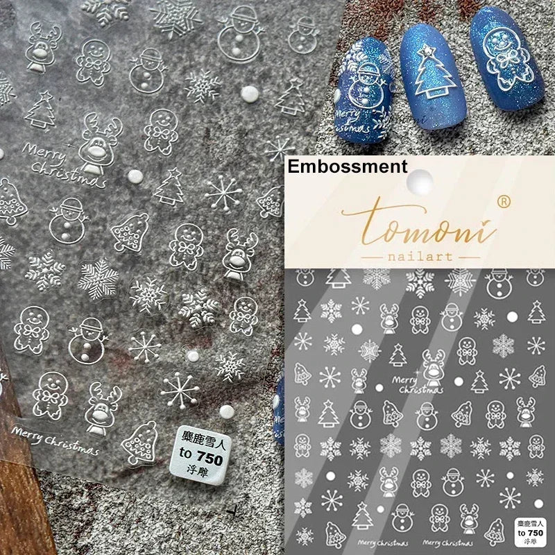 Dressy Embossment Colorful Gradient Snowflakes Laser Silver Christmas Tree Winter Bowknot Santa Nail Art Stickers Manicure Decal (Online Order Only)