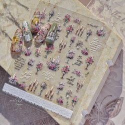 Romantic Candle Holder Lace Rambler Rose Pink Flower Bowknot Candlestick Ribbon Adhesive Nail Art Stickers Shiny Manicure Decals (ONLINE ORDER ONLY)