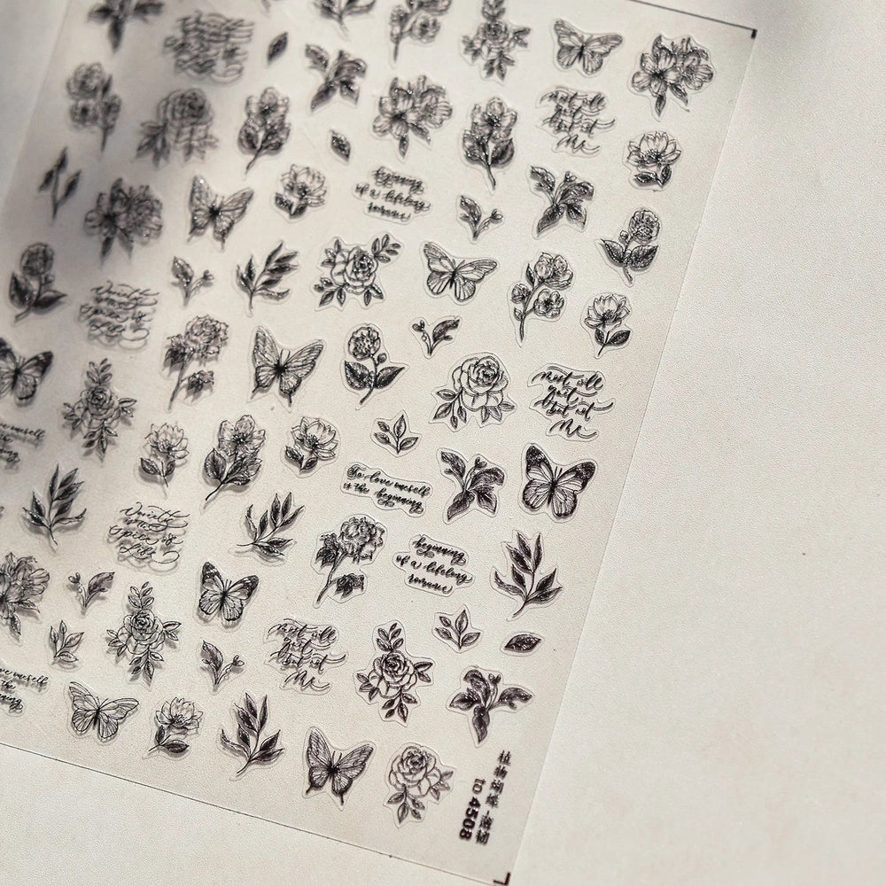 Flower Bowknot Butterfly Plant Leaf English Letter Rose Hand Drawn Embossed Relief Self Adhesive Nail Art Sticker Manicure Decal (ONLINE ORDER ONLY)