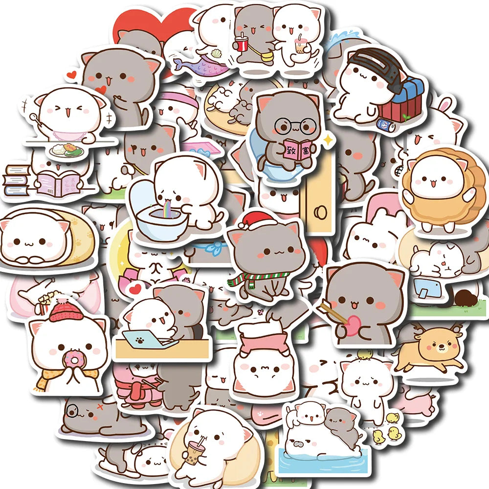 60PCS Kawaii Cat Mood Sticker PVC Graffiti Sticky Aesthetic Decorative Scrapbook DIY Child Phone Stationery Supply for Kid (Online Order Only)