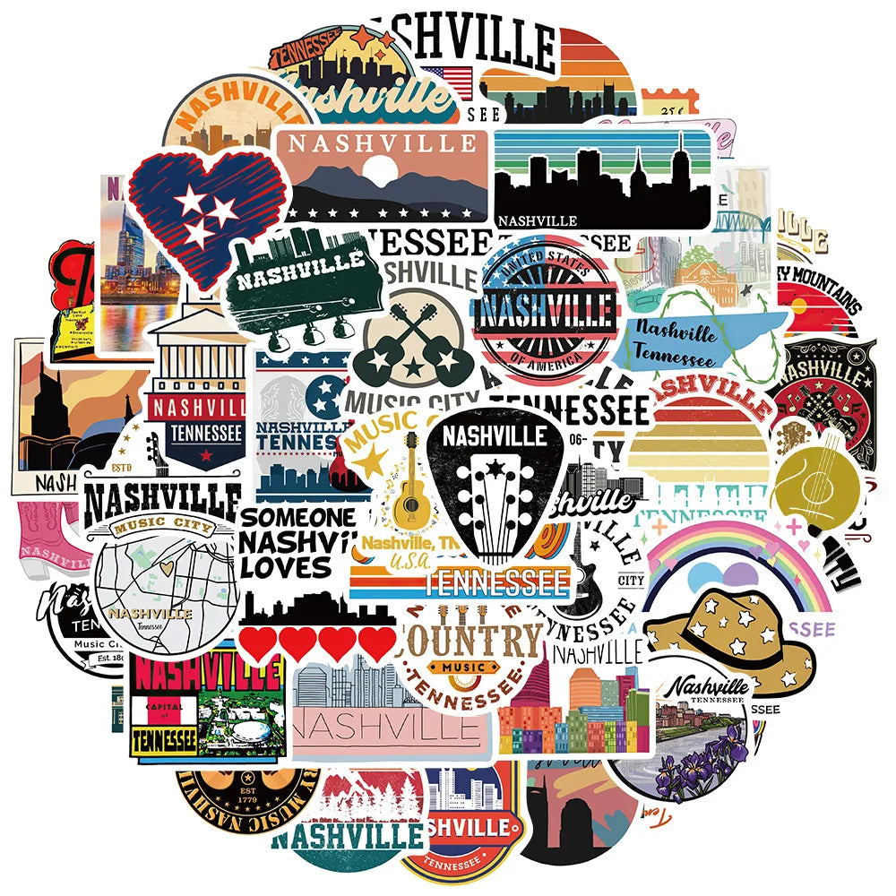Cartoon Nashville Stickers Pack: Phone, Laptop, Motorcycle, Suitcase Decor (ONLINE ORDER ONLY)