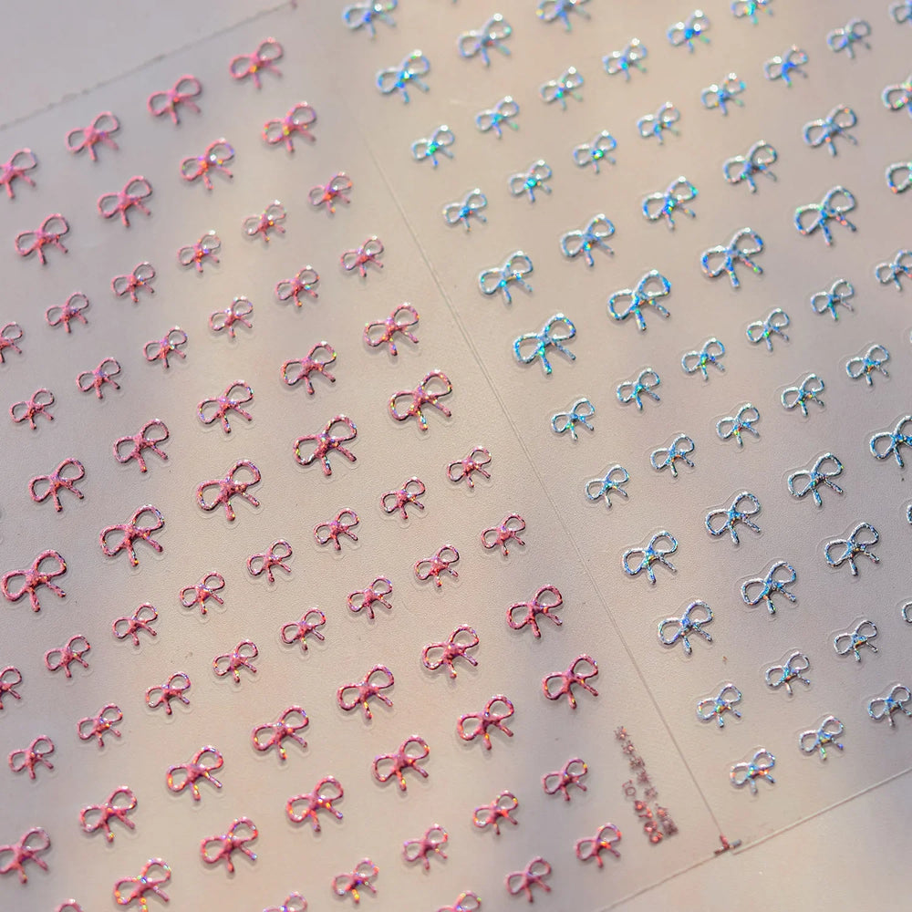 Shiny Pink Silver Gold Bowknot Tie Line Mini Delicate 3D 5D Self Adhesive Nail Art Stickers Embossment Rhinestone Manicure Decal (Online Order Only)