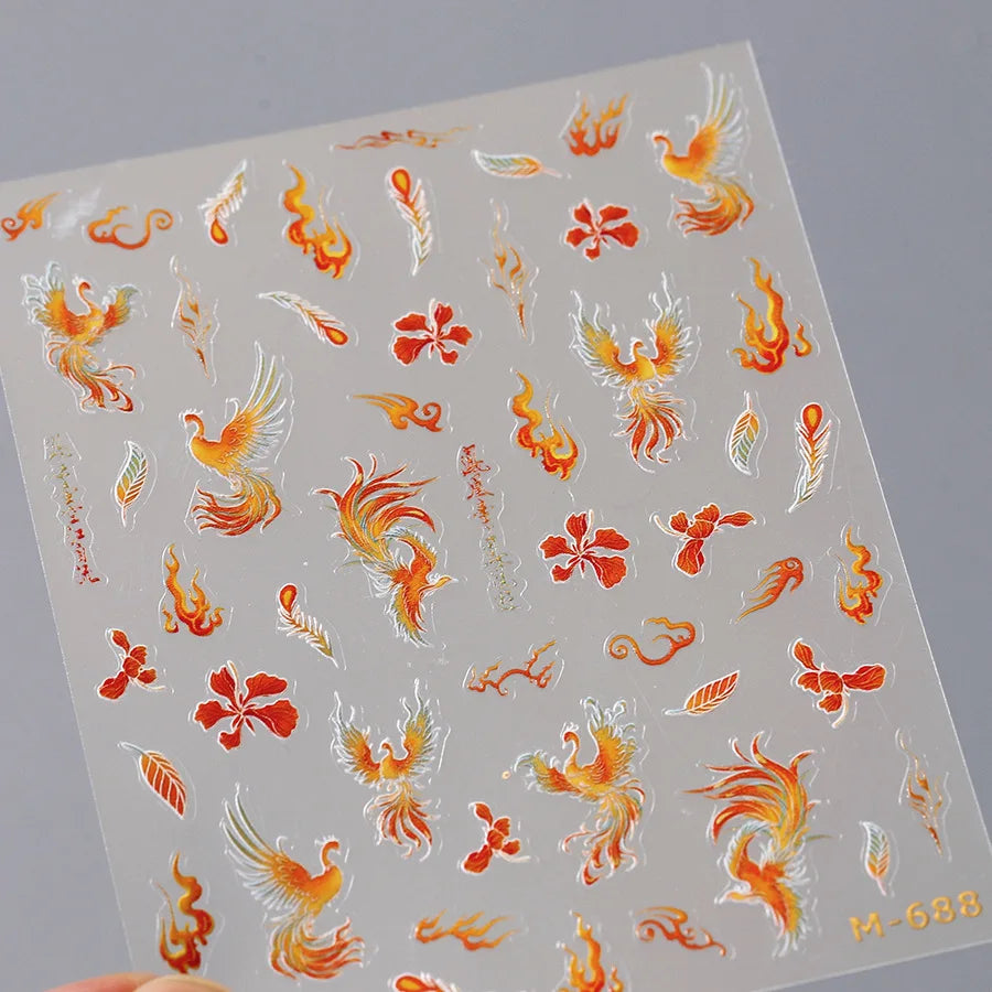 Charming Red Rose Phoenix Flower Wing Leaves Flower Feather Pearl Relief Embossed 5D Adhesive Nail Art Stickers Manicure Decals (ONLINE ORDER ONLY)