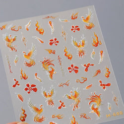 Charming Red Rose Phoenix Flower Wing Leaves Flower Feather Pearl Relief Embossed 5D Adhesive Nail Art Stickers Manicure Decals (ONLINE ORDER ONLY)