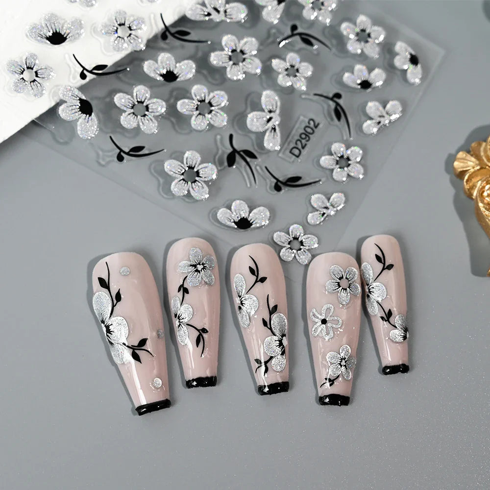 10pcs/Set Sparkling Silvery Floral Nail Art Stickers Self-Adhesive Glittery 5D Hibiscus & Cherry Blossom Decals for Manicure DIY (Online Order Only)