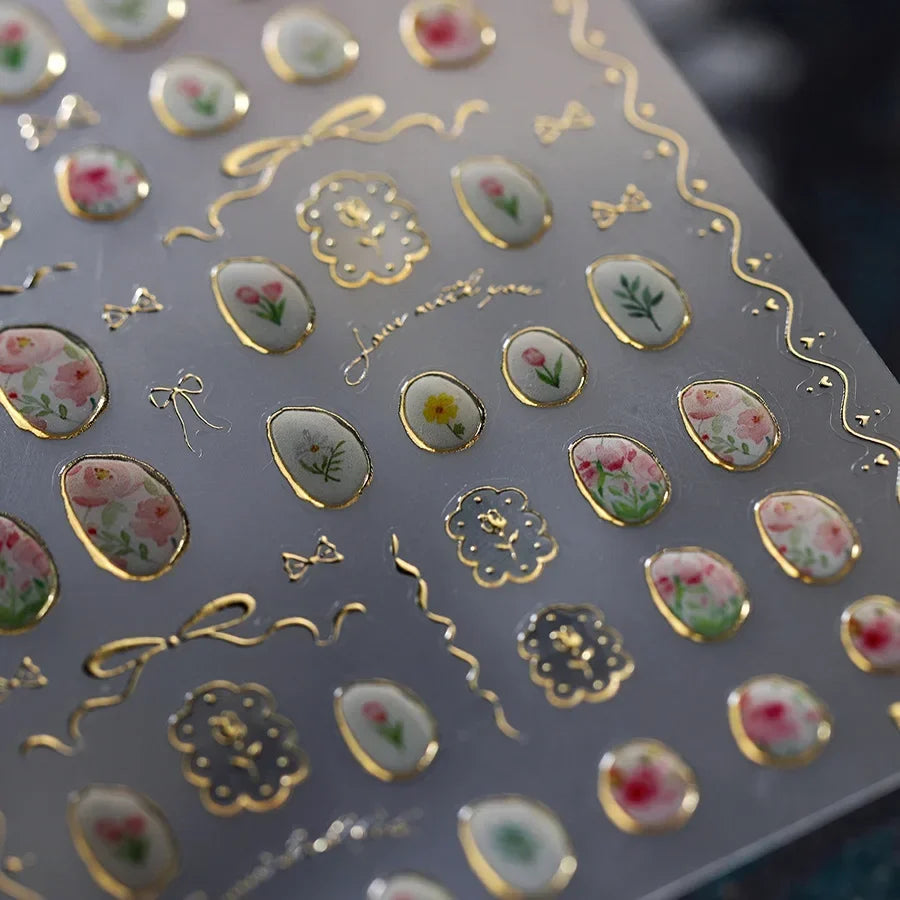 Hot Stamping Jelly All Tulips Garden Flower Bowknot Wave Lace Line Golden and Radiant Adhesive Nail Art Stickers Manicure Decals (ONLINE ORDER ONLY)
