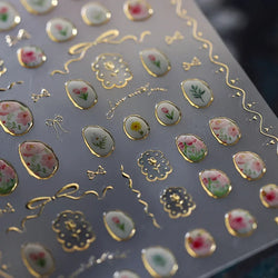 Hot Stamping Jelly All Tulips Garden Flower Bowknot Wave Lace Line Golden and Radiant Adhesive Nail Art Stickers Manicure Decals (ONLINE ORDER ONLY)
