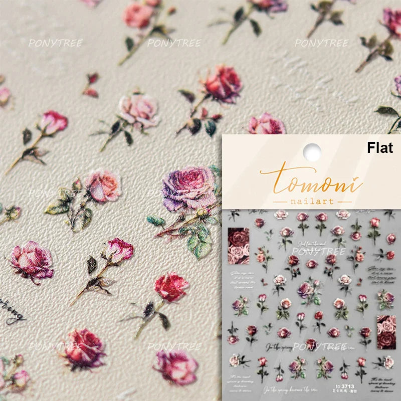 Retro Rose Flowers Bowknot Petal Romantic 5D Soft Embossed Relief Self Adhesive Nail Art Decoration Stickers 3D Manicure Decals (ONLINE ORDER ONLY)
