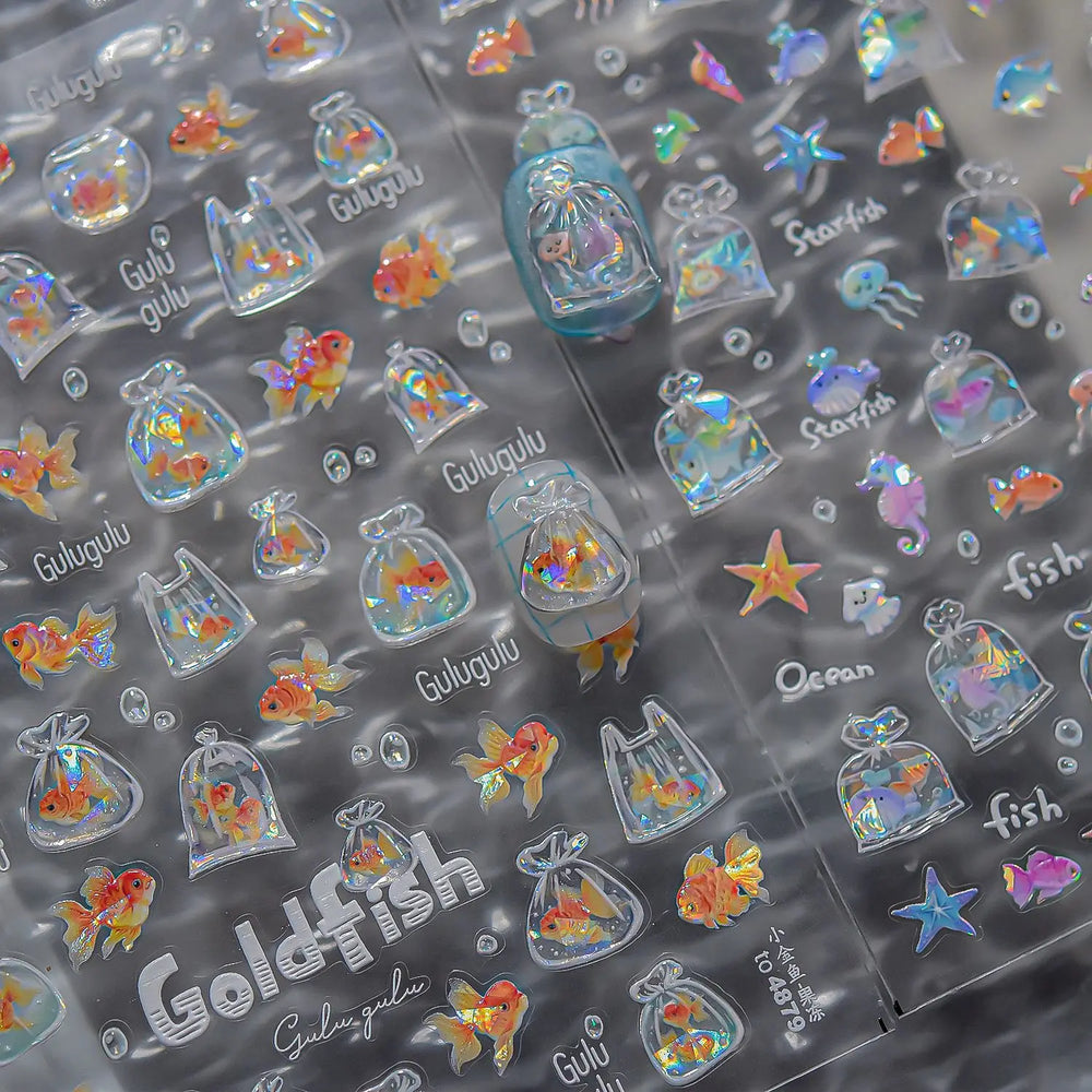 Bagful Brocaded Carp Goldfish Jellyfish Water Bubbles Seahorse Ocean Starfish Whale Adhesive Nail Art Stickers Manicure Decals (ONLINE ORDER ONLY)