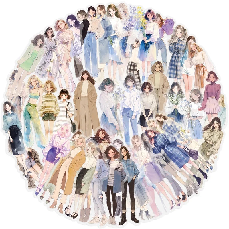 50PCS Kawaii Fashion Girl PET Sticky Sticker Aesthetic Korean Stationery DIY Decoration Scrapbooking School Supplies for Kids (ONLINE ORDER ONLY)