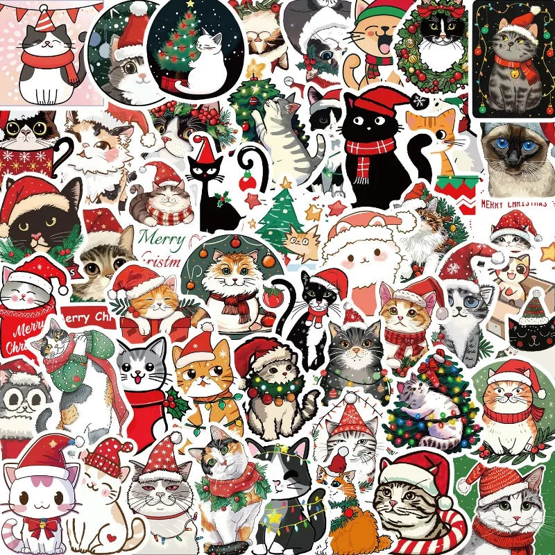 50pcs Christmas Cat Stickers for Laptop, Phone, Car, Scooter, Water Bottle, Suitcase, Stationery, Refrigerator (Online Order Only)