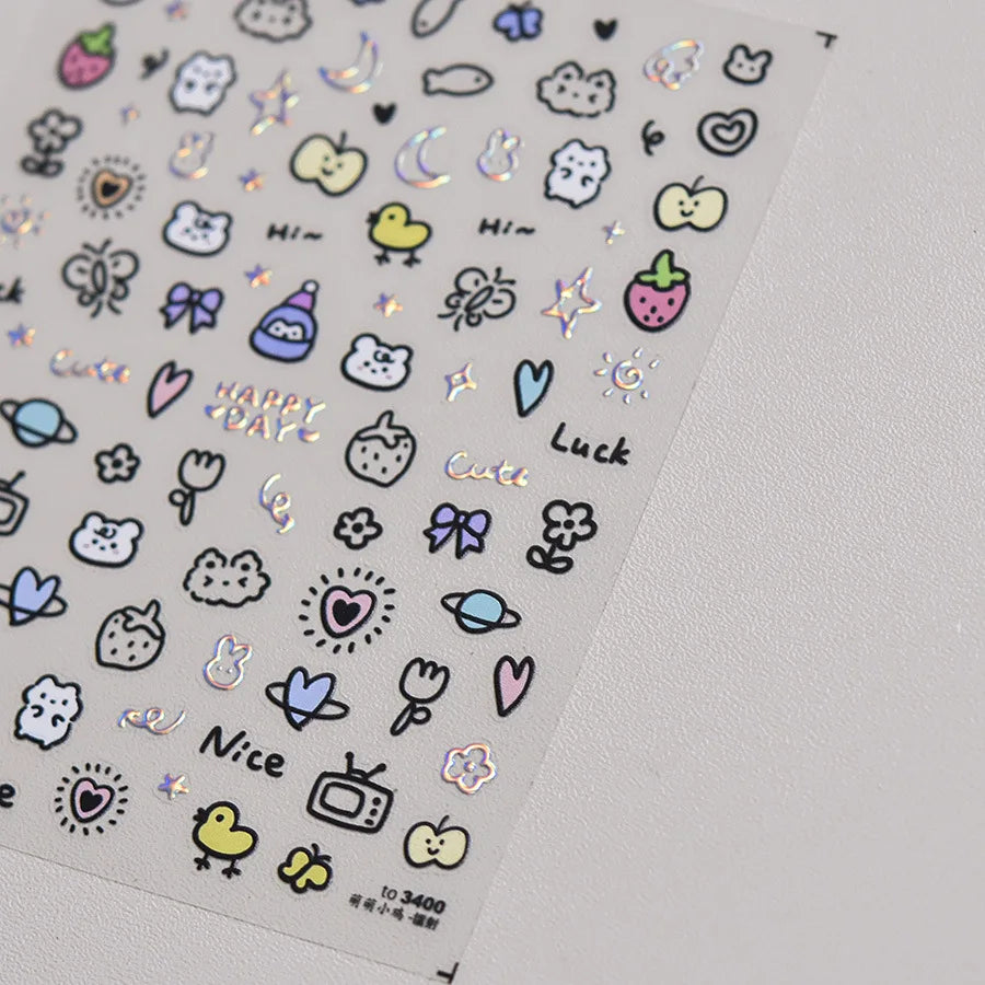 Line Cat Dog Bear Rabbit Chicken Animals Apple Cherry Cake Bowknot Butterfly Balloon Rainbow Nail Art Stickers Manicure Decals (ONLINE ORDER ONLY)